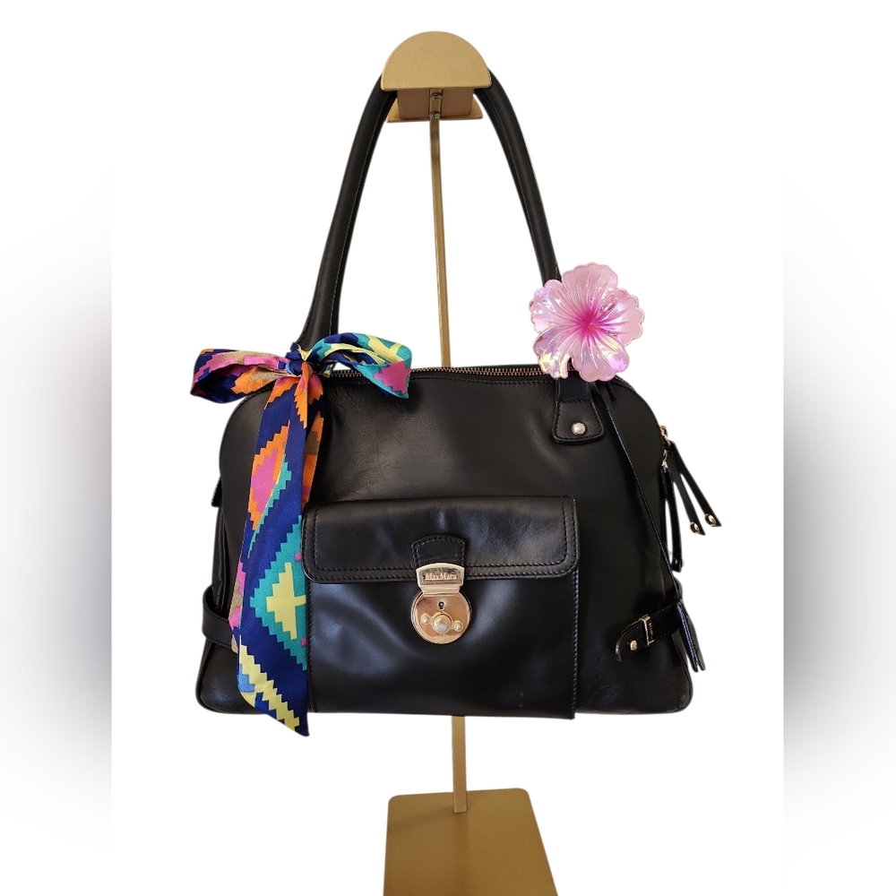 MaxMara Black Leather Shoulder Bag with Multicolor Scarf and Pink Flower Accent